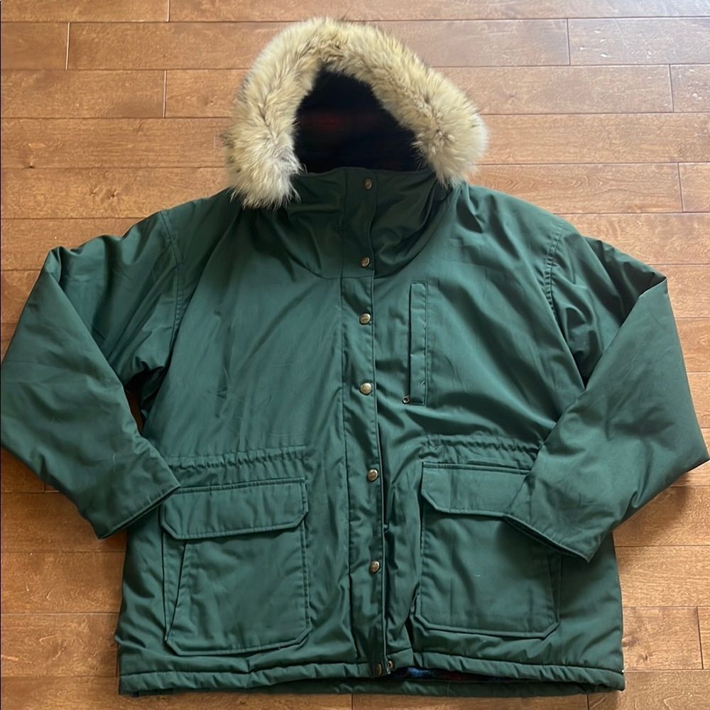 Vintage Woolrich Wool Parka Hunter Green Coyote Fur Trim Plaid Lined XL